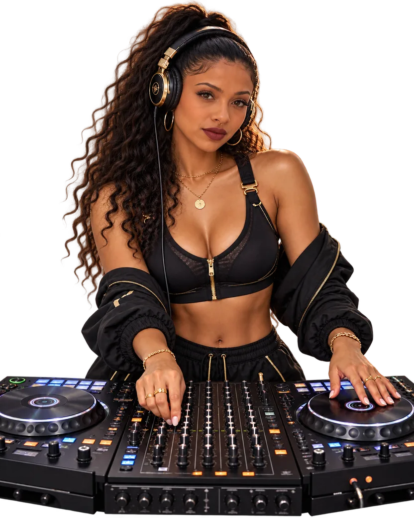 DJ FreeBird at a pair of turntables and a mixer, headphones around her neck.
