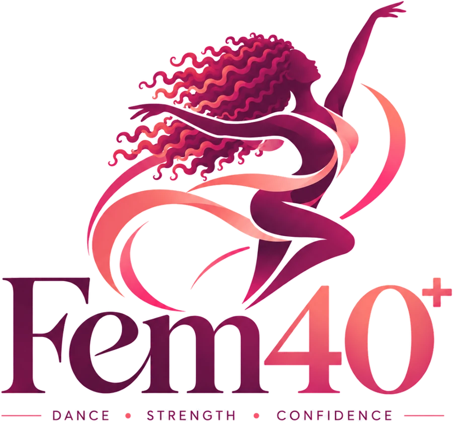 Fem40+ logo: a dancer in motion above the words Dance, Strength, Confidence